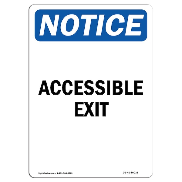Safety Sign, OSHA Notice, 5" Height, Accessible Exit Sign, Portrait, 10PK